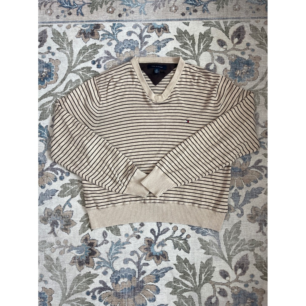 Tommy Hilfiger V-Neck Sweater Mens M Tan Brown Striped Excellent Preppy Knit